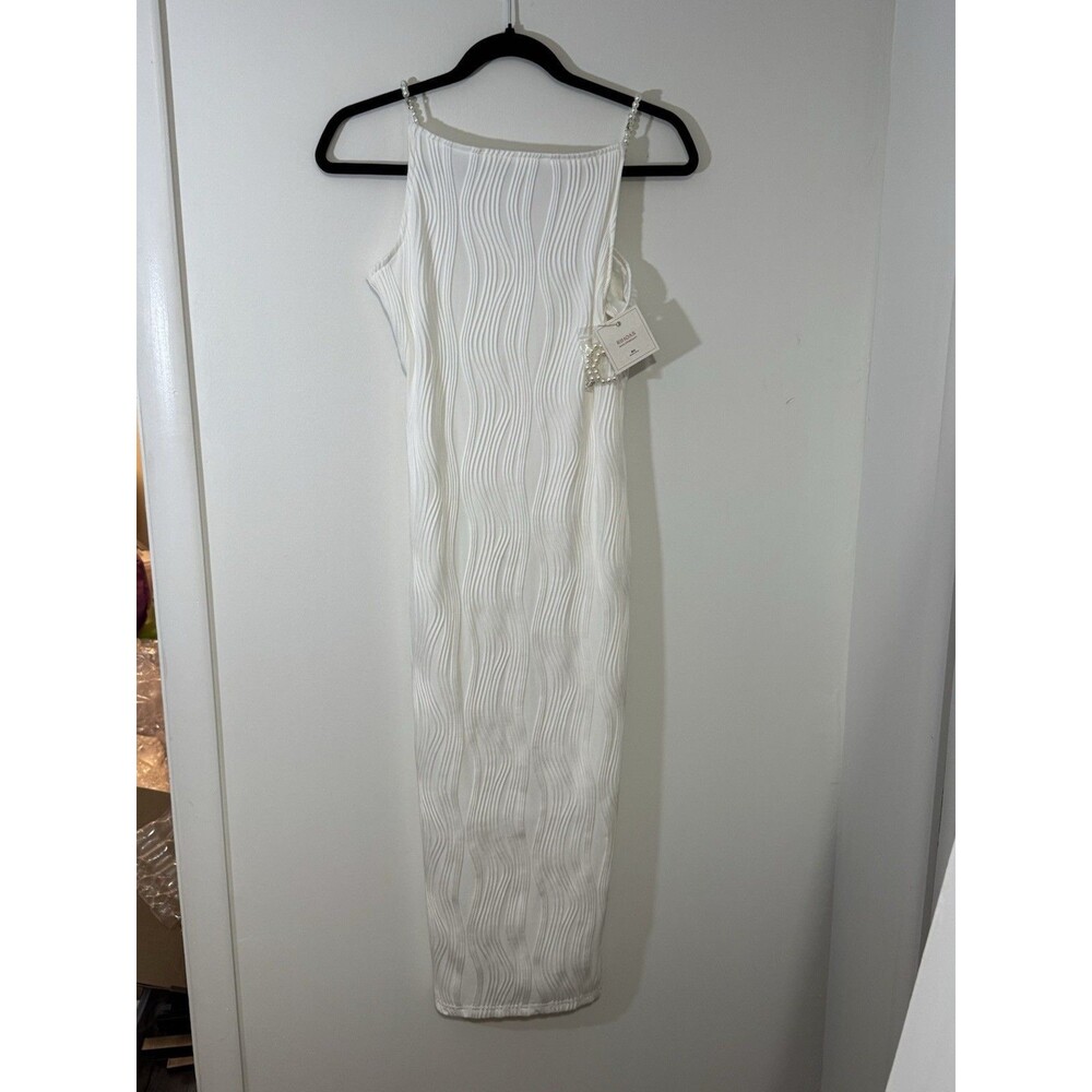 RIHOAS White Pearl Strap Wavy Long Bodycon Dress Straight Neck Sleeveless Size M - Picture 4 of 11